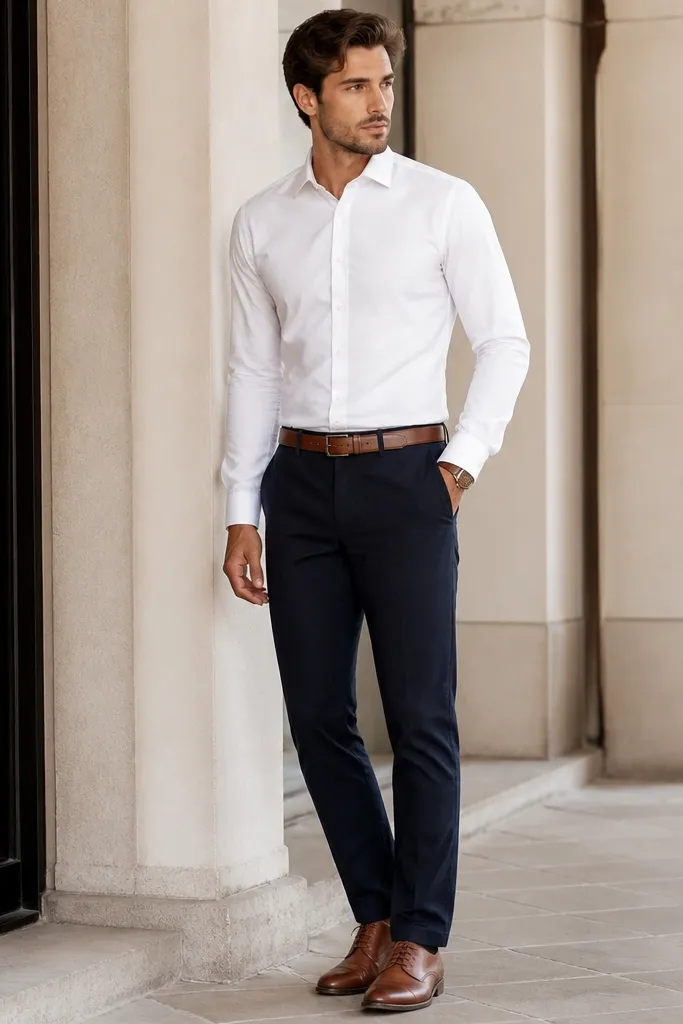 A man in a crisp white poplin button-down tucked into navy twill chinos. A medium-brown leather belt matches a pair of brown leather oxford-style lace-ups. He has a watch with a brown strap and sleeves buttoned at the cuff.