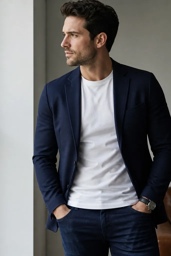 A man wearing a navy blazer over a fitted white crewneck T-shirt. He has dark indigo slim jeans and a black leather watch strap. The blazer is unbuttoned and the shirt hem is neat at the waistband.