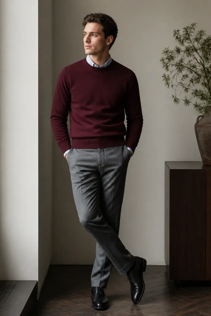 A man wearing a burgundy crewneck sweater layered over a light blue button-down. The shirt collar peeks out slightly. He wears grey tailored trousers and black oxford shoes.