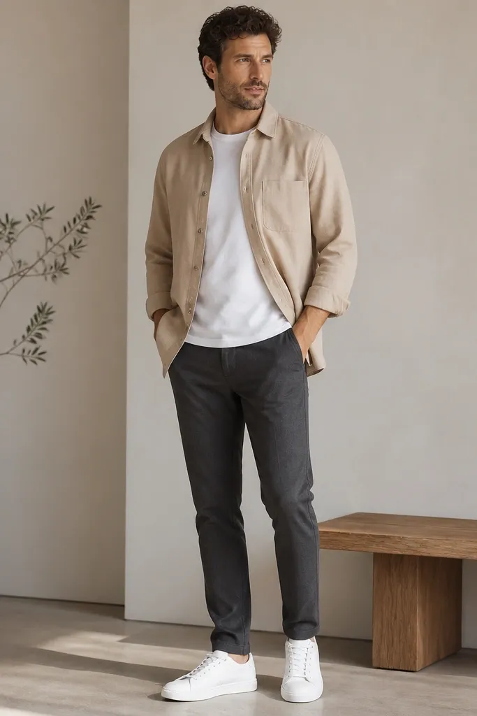 A man in a sand-colored cotton overshirt worn over a plain white crew T-shirt. He wears charcoal chinos with a slight taper and white low-top leather sneakers.