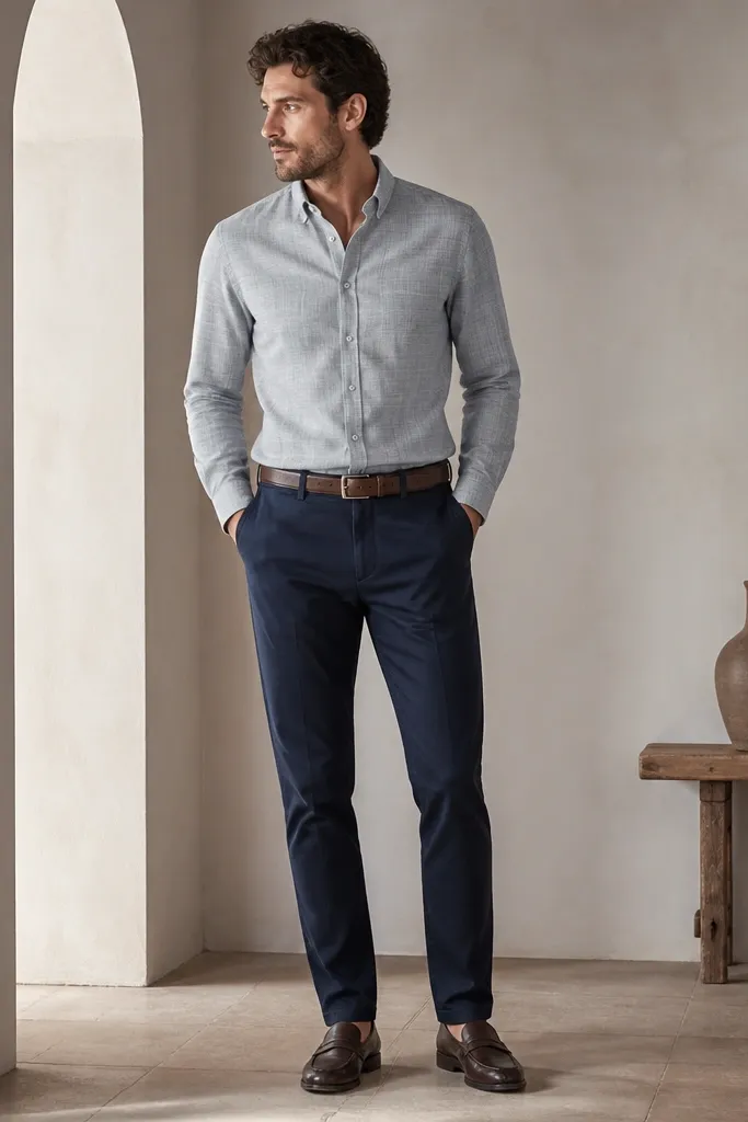 A man wearing a light grey flannel button-down tucked into navy trousers. The shirt has a subtle plaid texture. He wears dark brown loafers and a matching brown belt.