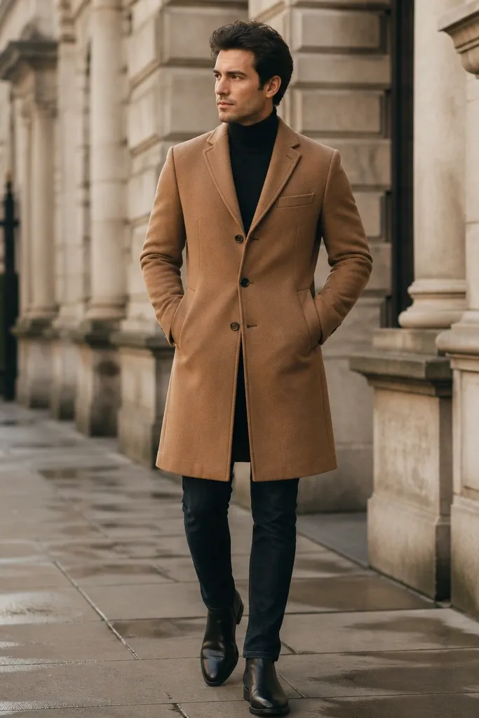 A man wearing a black fitted turtleneck under a camel overcoat. He has dark jeans and black leather boots. The coat is buttoned and the turtleneck sits high with no gaps.