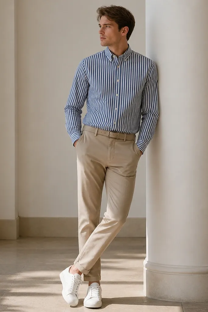 A man wearing a navy-and-white striped button-down tucked into khaki chinos. He has clean white leather sneakers and a light tan belt. The stripes are evenly spaced and the shirt is wrinkle-free-looking.