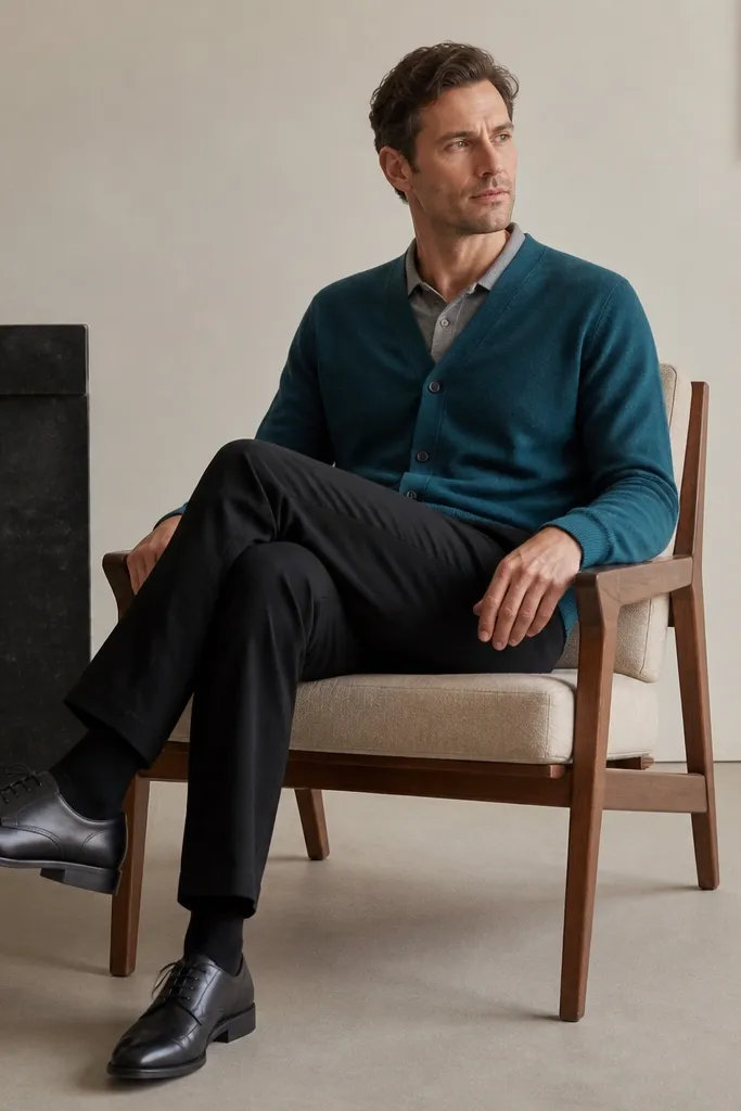 A man wearing a teal cardigan over a grey polo. The cardigan is buttoned at the top, and he has black trousers with black leather shoes.