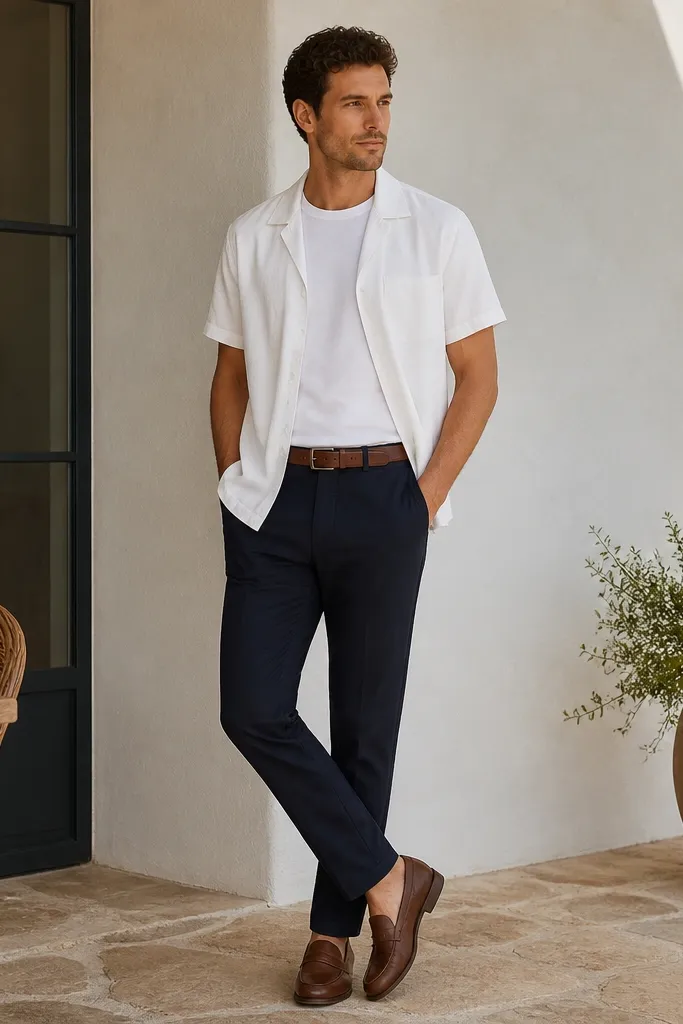 A man in a white short-sleeve camp collar shirt worn open over a plain white tee, paired with navy chinos. He wears brown loafers and a brown belt.