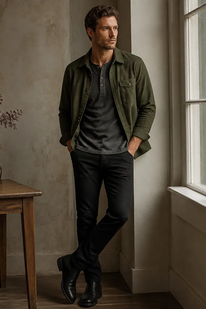 A man wearing a charcoal henley under an olive overshirt. He has black boots and black trousers or dark jeans. The henley shows a few buttons at the neck.
