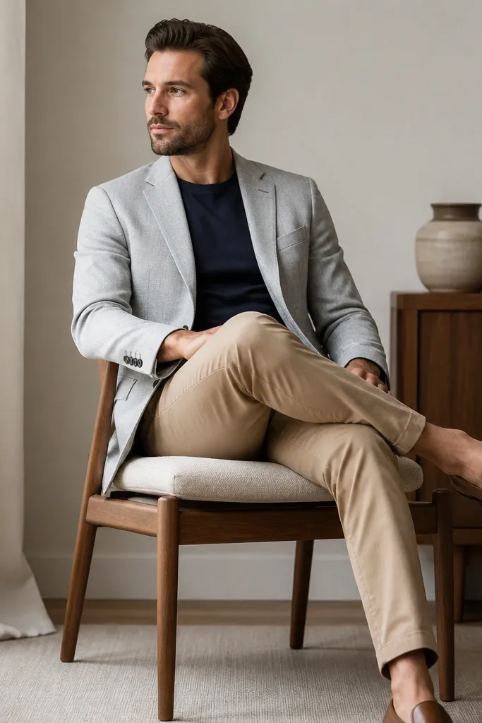 A man wearing a light grey blazer over a dark navy crewneck t-shirt. He has tan chinos and tan-brown leather loafers. The blazer is unbuttoned.