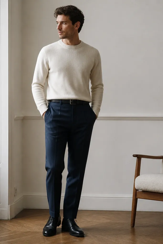 A man wearing a cream crewneck sweater tucked into navy trousers. He has a black leather belt and black derby shoes. The sweater looks thick and smooth, not fuzzy.