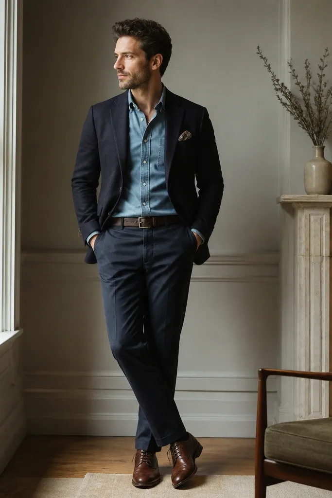 A man in a dark blazer with a folded patterned pocket square. Underneath he wears a chambray button-down. He has dark slacks and brown leather shoes.