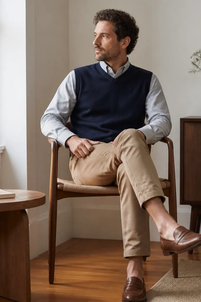 A man wearing a grey oxford shirt under a navy sweater vest. He has tan chinos and brown loafers. The shirt collar peeks out cleanly and the vest sits smooth over the torso.
