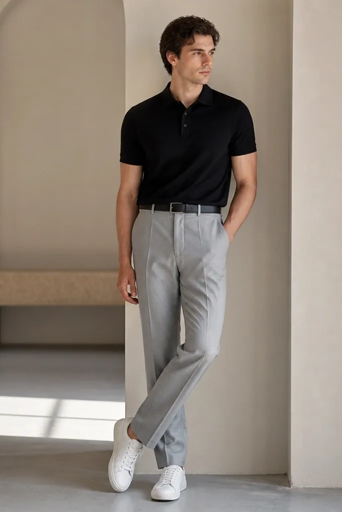 A man in a black polo shirt tucked into light grey suit trousers. He wears white sneakers and a black belt. The polo collar is crisp and the fabric looks structured.
