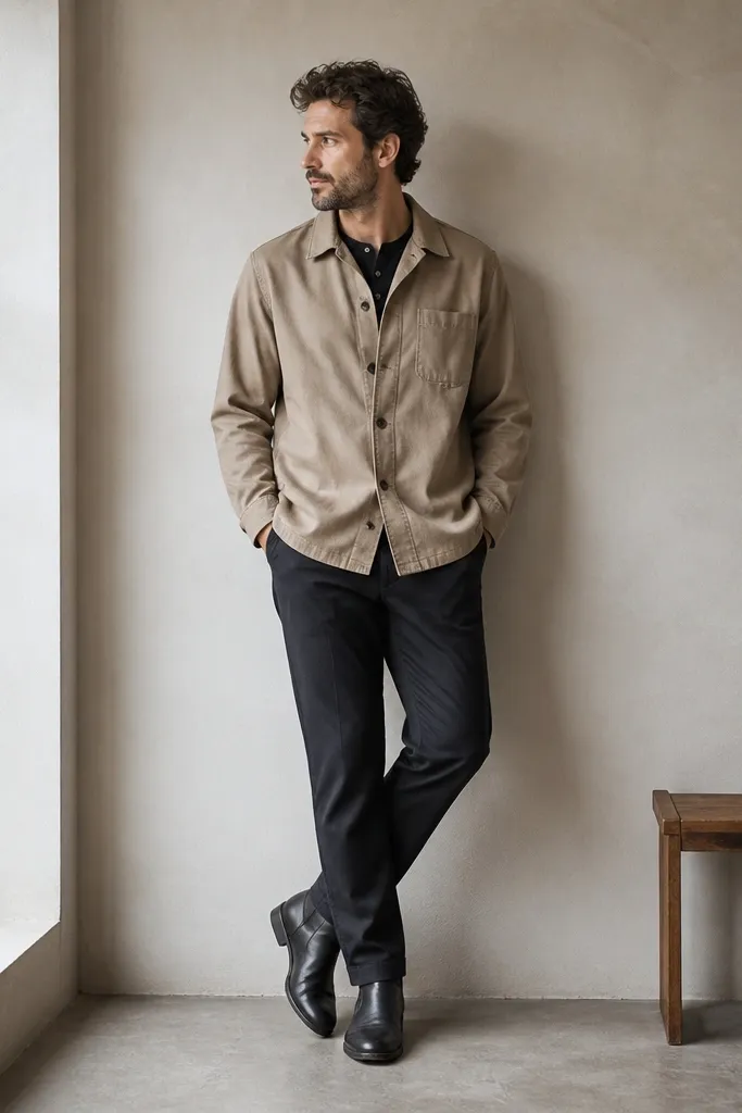 A man wearing a tan overshirt over a black henley. He has dark trousers and black leather boots. The overshirt is buttoned and the henley neckline is visible.