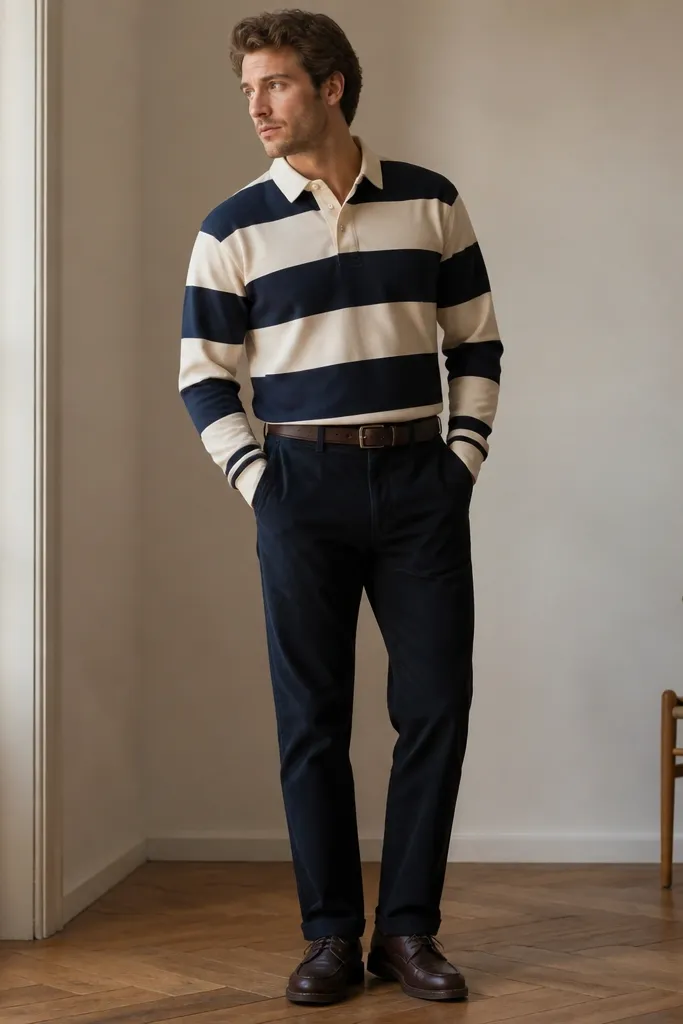A man in a striped rugby shirt (navy and cream) tucked into dark chinos. He wears dark brown derby shoes and a dark brown belt. The collar has buttons and a knit texture.
