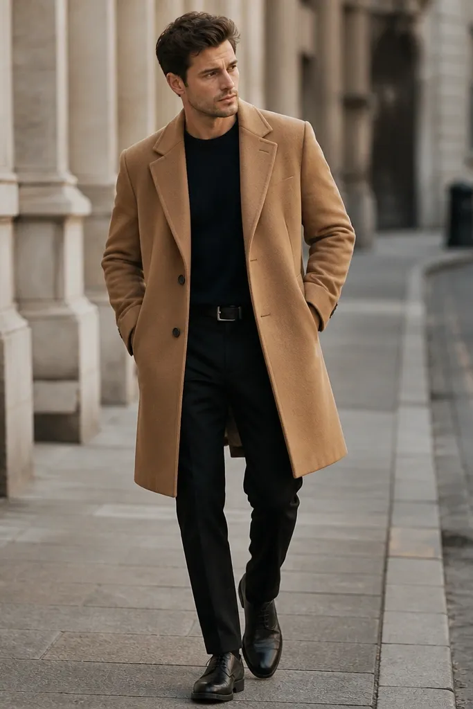 A man wearing a camel overcoat in a soft textured wool blend. Under it he has a navy crewneck sweater and black trousers. He wears black leather shoes and a dark belt.