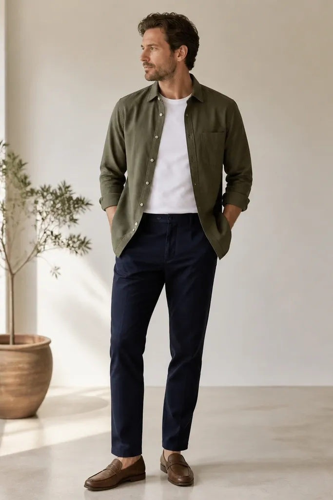 A man wearing an olive button-down over a white crew tee. He has navy chinos and brown loafers. The button-down is open and the tee is neatly tucked.