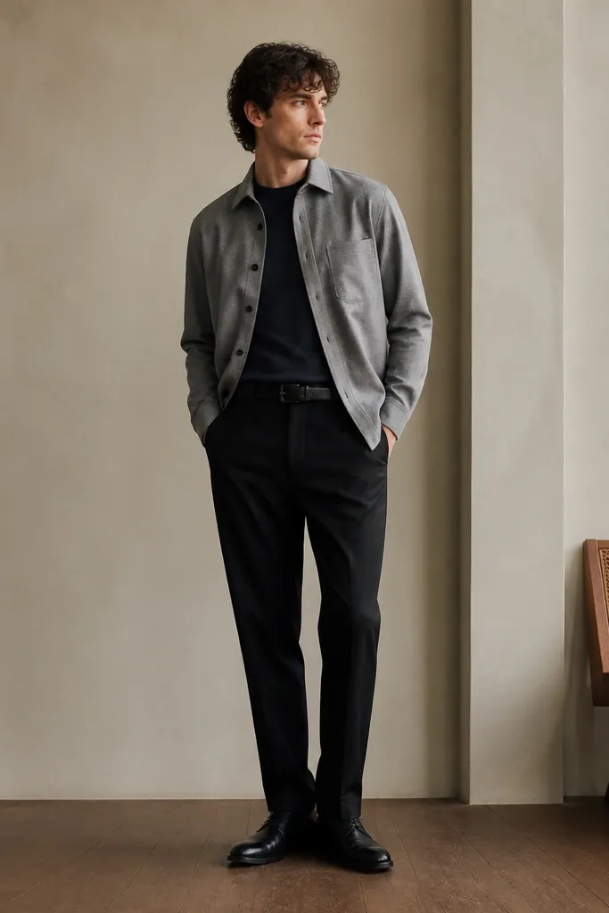 A man wearing a navy t-shirt under a grey overshirt. He has black trousers and black leather shoes. The overshirt is buttoned and the t-shirt hem is tucked.