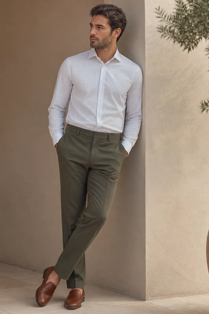 A man wearing a white button-down with a subtle micro-check pattern. He has olive trousers and brown leather loafers. The shirt is tucked and the collar looks crisp.