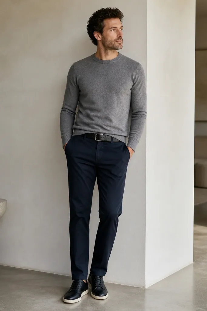 A man wearing a heather grey merino crewneck sweater with dark navy chinos. He has black sneakers or black leather casual shoes and a dark belt.