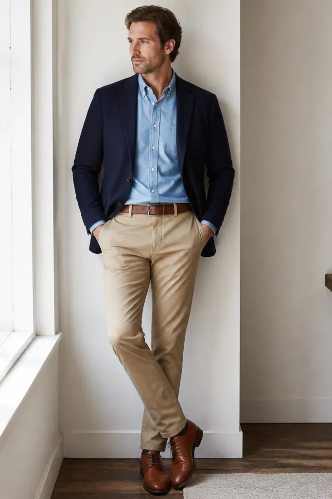 A man wearing a navy blazer over a light blue chambray shirt. He has tan chinos and brown leather shoes. The blazer is unbuttoned and the shirt is tucked.