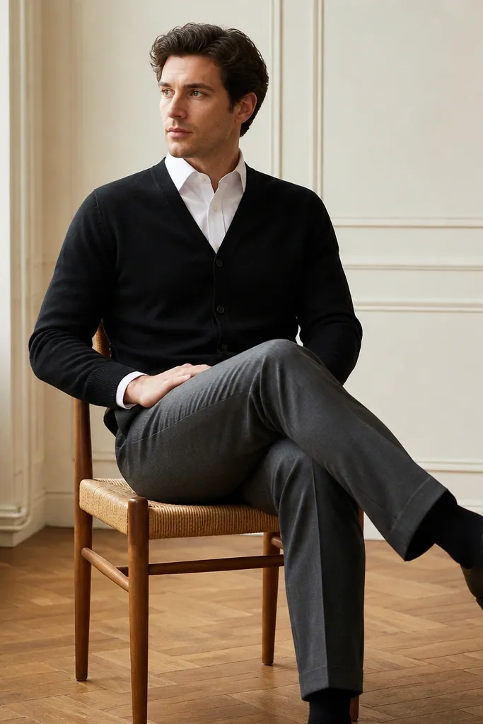 A man wearing a black cardigan over a white button-down. He has grey trousers and black leather shoes. The cardigan is buttoned and the shirt collar shows under it.