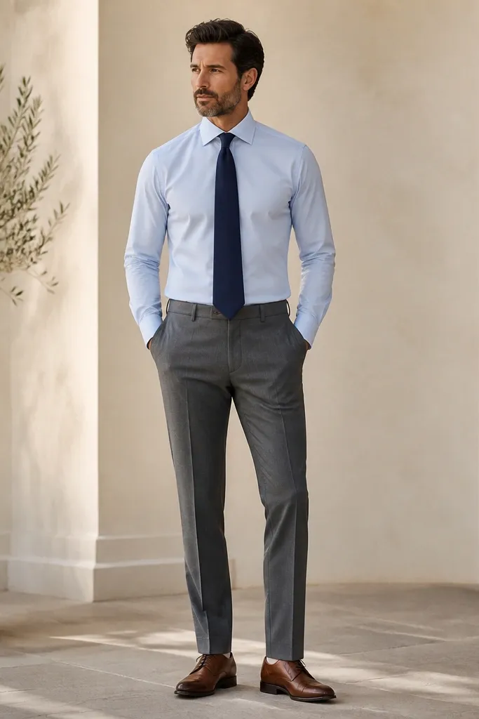 A man wearing a light blue dress shirt with a navy tie. He has grey dress trousers and brown leather shoes. The tie is centered and the shirt collar looks sharp.