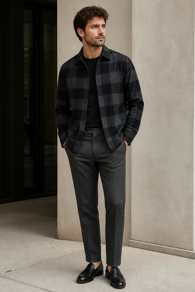 A man wearing a black-and-grey check overshirt over a black crew tee. He has charcoal chinos and black leather loafers. The overshirt is buttoned and the tee is neatly tucked.
