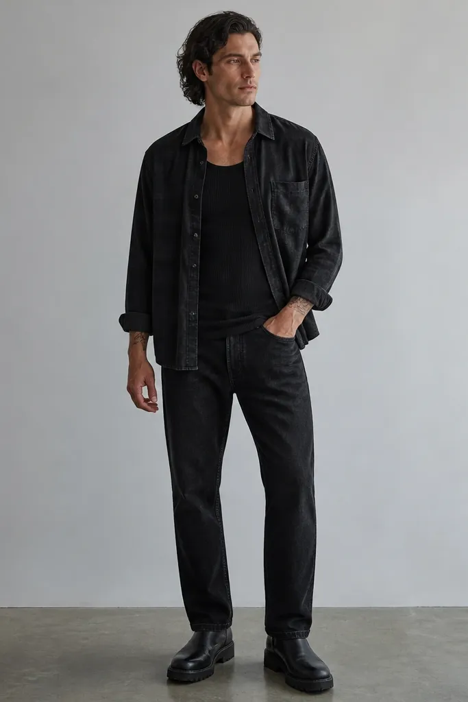 A man's outfit photographed in full view: a washed black flannel worn open over a ribbed black tank, straight-leg black jeans with slight whiskering, and chunky black leather boots. The flannel sleeves are rolled once at the wrist; the tank shows at the hem.