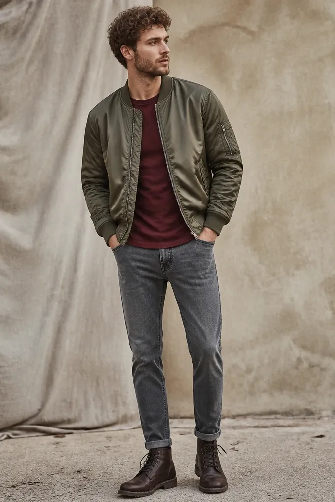 A full-body shot: an oxblood long sleeve tee sits under an olive bomber jacket with a slightly shiny nylon finish. The pants are faded gray tapered denim, and the shoes are dark brown lace-up boots. The jacket is zipped halfway.