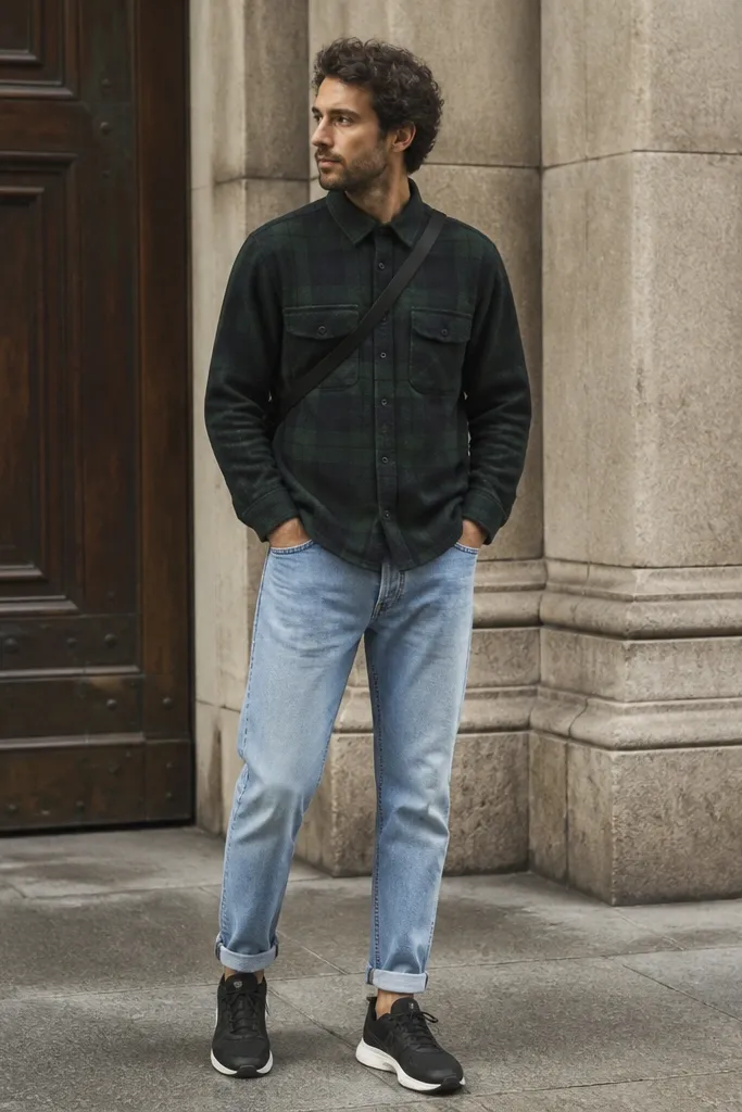 A man is wearing a green-and-black plaid flannel that looks like a shirt-jacket, worn buttoned. He has cuffed light-wash denim jeans rolled once, and black sneakers with white midsoles. A thin crossbody strap runs diagonally across the chest.