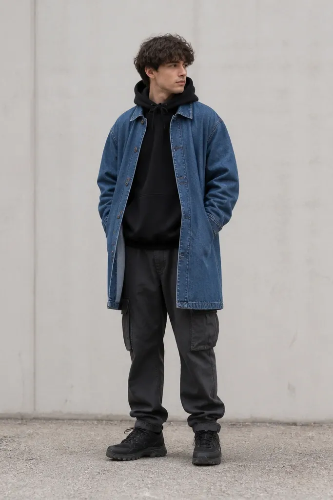 A full view: a black hoodie is pulled tight under a long blue denim jacket that reaches mid-thigh. The charcoal cargo pants have visible pocket flaps, and the shoes are black trail-style boots. The denim jacket is slightly open.