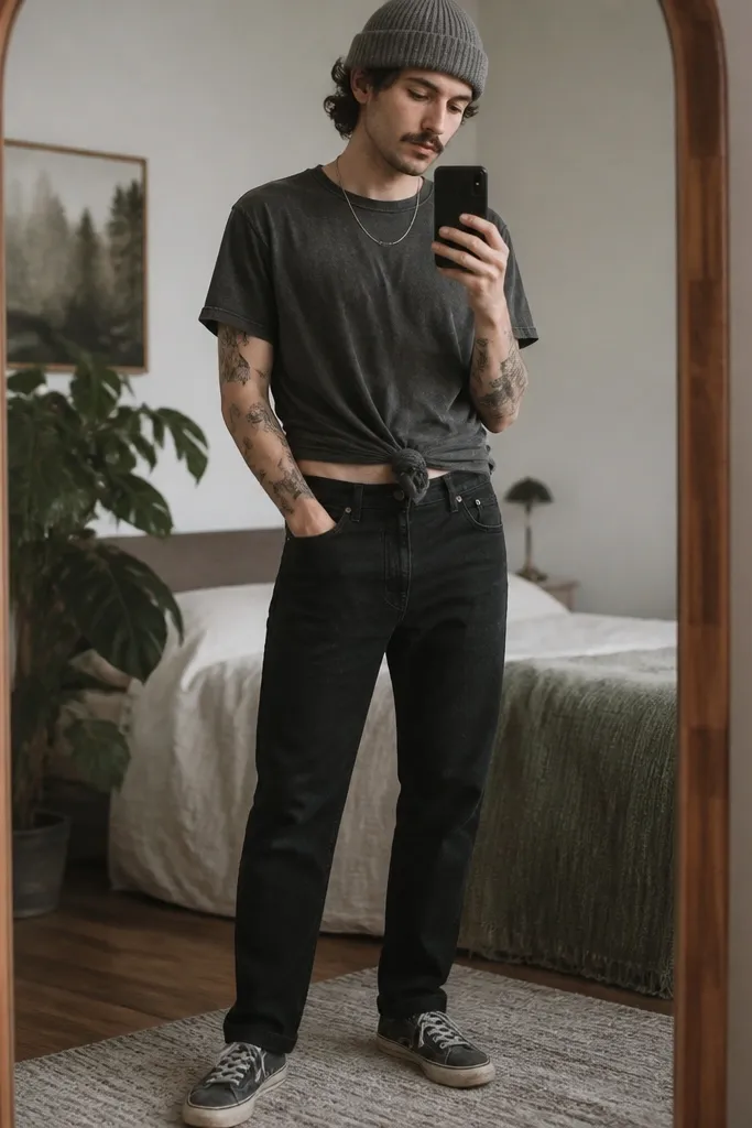 A mirror shot: a worn band tee is knotted at the waist over black straight jeans. The man wears a gray knit beanie and dark gray canvas shoes. A thin silver chain peeks at the collar.