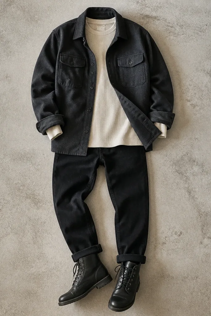 A top-down outfit photo: a cream long-sleeve thermal is layered under a charcoal overshirt worn open. The pants are black tapered jeans, and the shoes are black leather boots. The overshirt hem hangs over the thermal by a few inches.