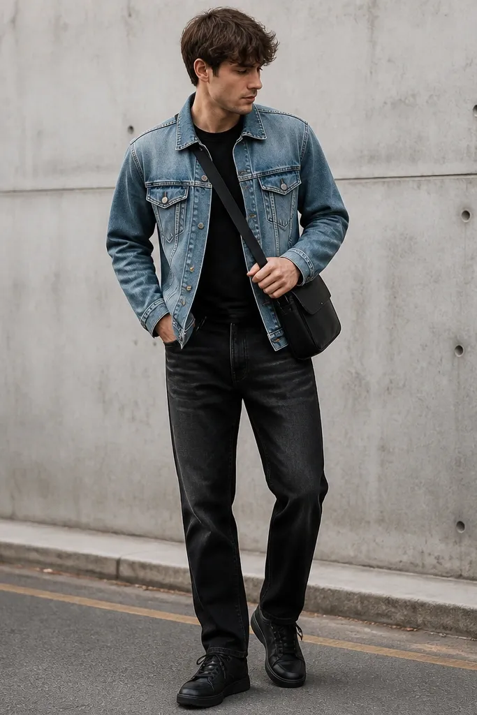 A clean street-style photo: a faded blue denim jacket sits over a black tee. The jeans are washed black with visible thigh fade, and the shoes are black low-top sneakers. A small black crossbody bag hangs at the hip.