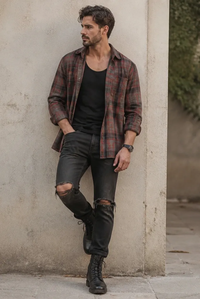 A full outfit photo: a plaid overshirt in muted red and gray is worn open over a black tank. The jeans are black with distressed knees and slight rips. The man wears dark combat boots and a black watch.