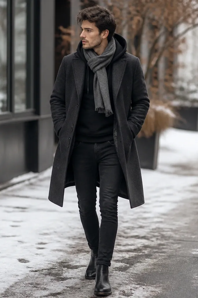A winter street photo: a charcoal wool blend coat worn open over a black hoodie. The jeans are slim and dark, and the shoes are black leather Chelsea boots. A scarf in gray wool sits loosely at the neck.