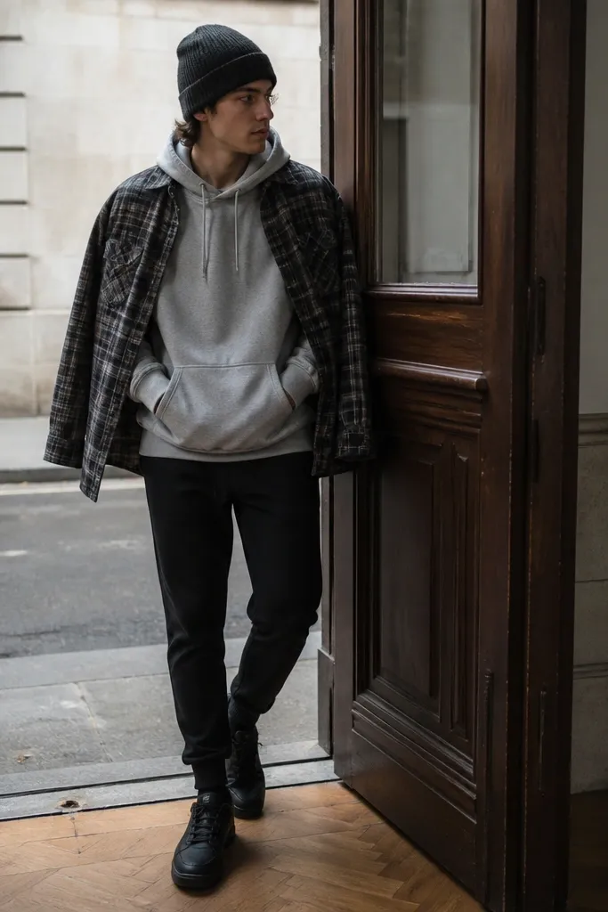 A casual indoor-to-street photo: a gray hoodie is worn with an oversized flannel draped over the shoulders like a cape. The pants are black joggers with a tapered ankle, and the shoes are black sneakers. A beanie in charcoal sits on top.