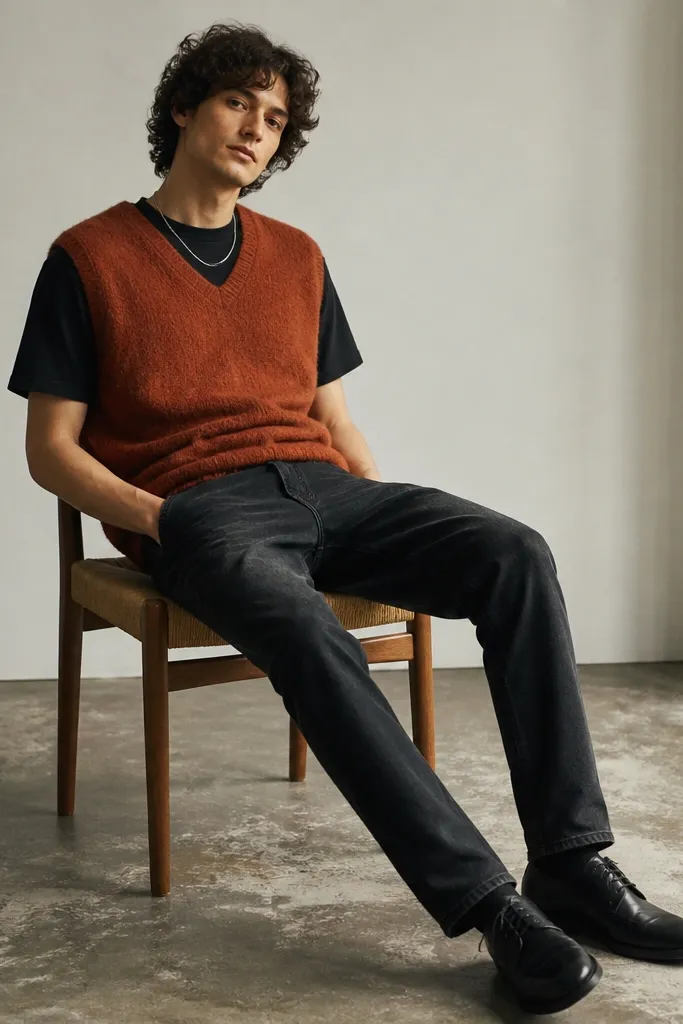 A layered photo: a rust sweater vest is worn over a black crewneck tee. The jeans are dark straight with subtle fades, and the shoes are black leather lace-ups. A thin chain hangs at the neckline.