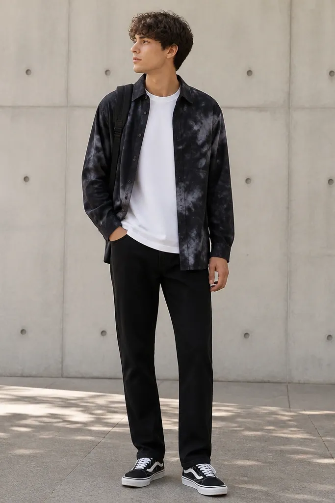 A full-body shot: a white crew tee is layered under a black tie-dye overshirt worn open. Straight black jeans and black-and-white sneakers complete the look. A small black backpack strap is visible.