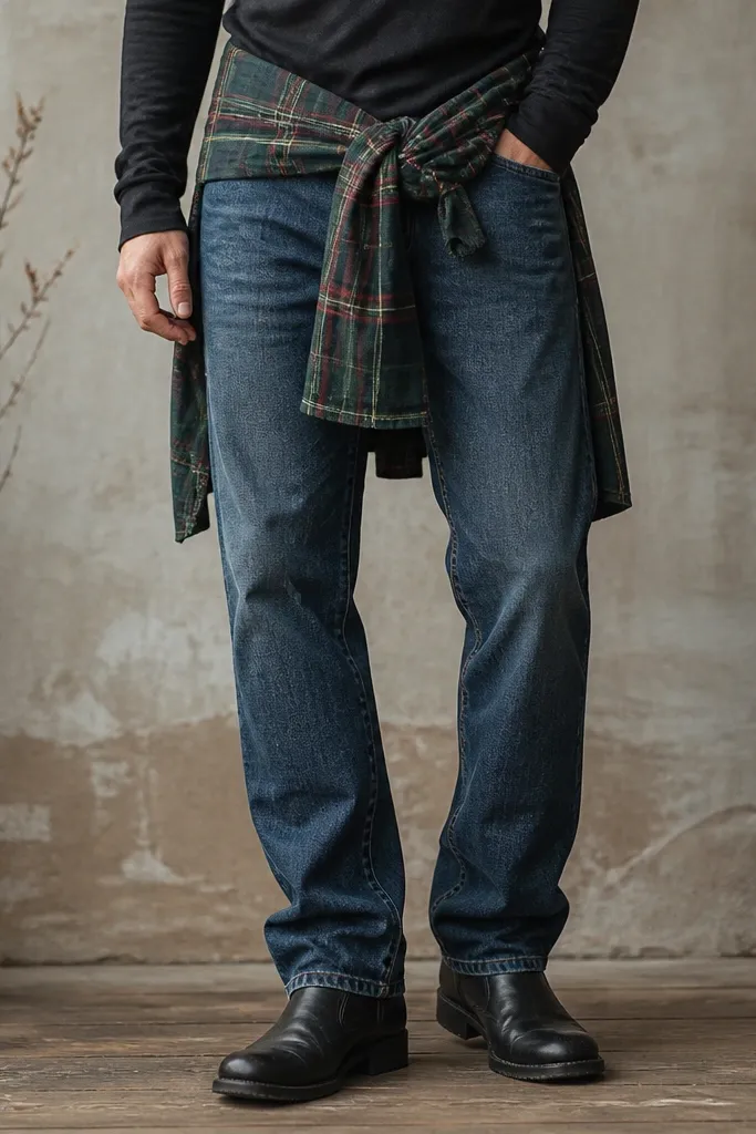 A waist-focused shot: a black long sleeve shirt is paired with washed indigo jeans. A flannel wrap belt is tied around the waist over the long sleeve, and the man wears black boots. The flannel belt has green and red lines.