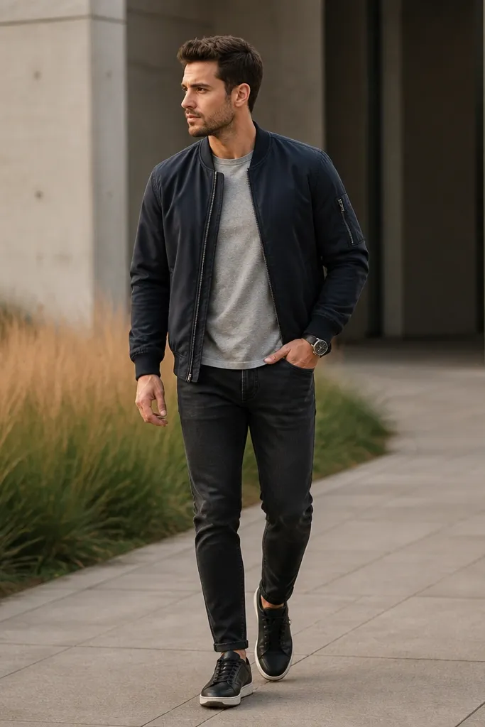 A clean outdoor photo: a navy bomber jacket is worn over a heather gray tee. The pants are black tapered denim with a slight fade, and the shoes are black sneakers. A watch sits on the left wrist.