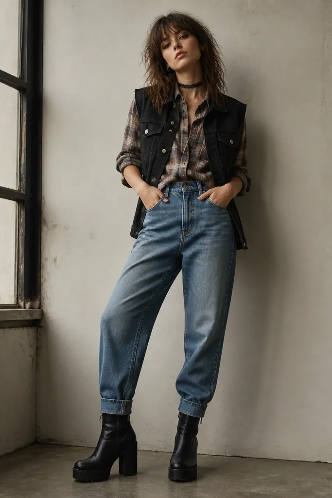 A layered fashion photo: a black denim vest is worn open over a muted plaid button-up. The jeans are mid-wash with a slight wide leg at the top and taper near the ankle. The shoes are black platform boots and a black choker is visible.