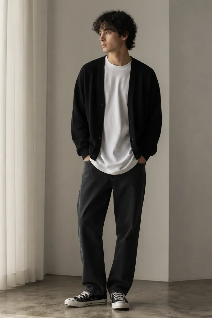 A casual pose: a long white tee hangs past the hips over a black cardigan worn open. The jeans are washed charcoal and slightly relaxed. Shoes are dark canvas sneakers.