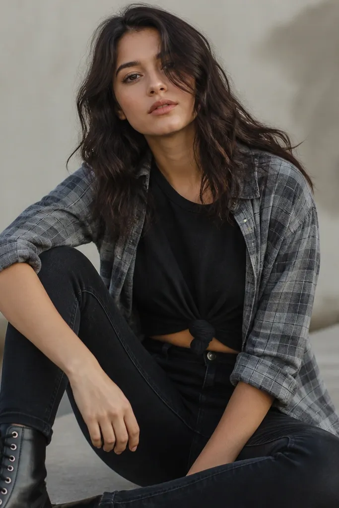 A waist-up shot: a gray flannel shirt is worn open over a black tee. The black tee is tied at the waist with a knot, and black skinny jeans are visible. The shoes are black combat boots.