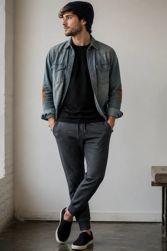 A relaxed outfit photo: a faded denim button-up with elbow patches is worn open over a black tee. The pants are dark gray joggers, and the shoes are black slip-on sneakers. A knit beanie sits on the head.