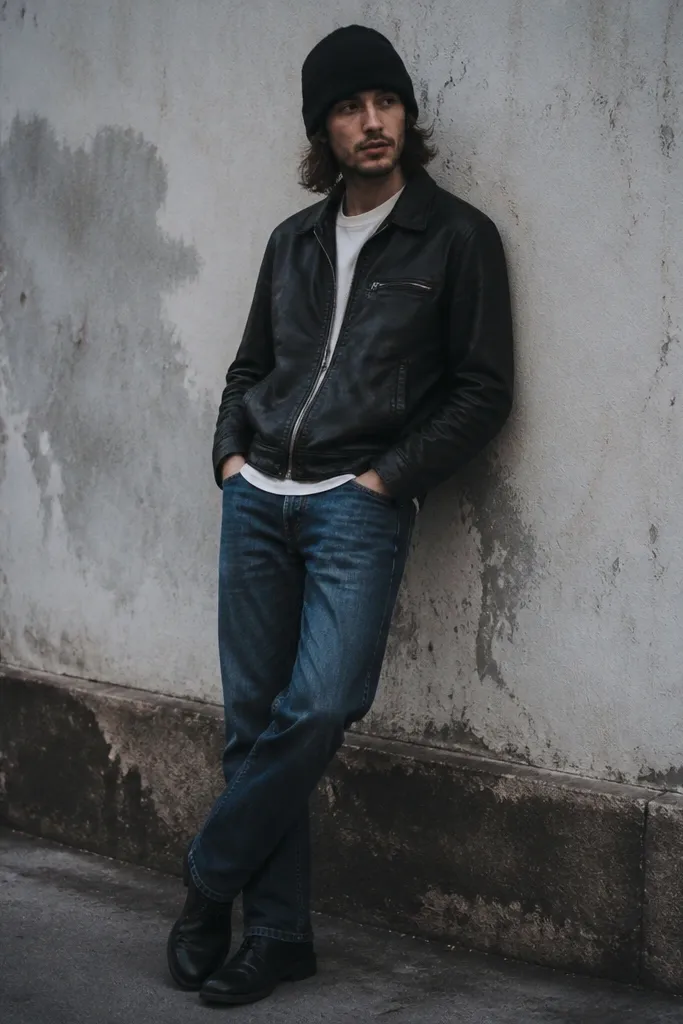 A classic grunge shot: a black leather jacket worn zipped halfway, a knit beanie, washed indigo straight jeans, and black leather boots. A white tee peeks at the collar and hem.