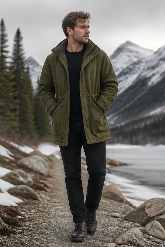A cold-weather outfit: an olive parka with a drawstring waist is worn over a black thermal shirt. The pants are black straight jeans and the shoes are dark lace-up boots. The parka hood is down.