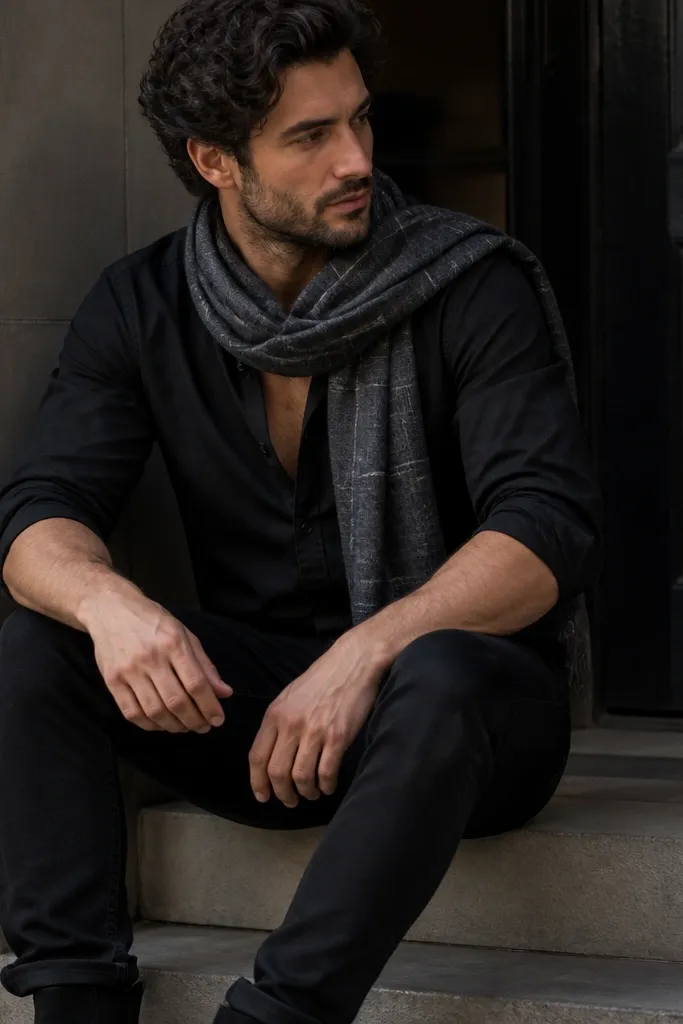 A close outfit photo: a black button-up shirt is worn partially unbuttoned with sleeves rolled to mid-forearm. A gray flannel scarf wraps around the neck. The jeans are black and the shoes are black suede boots.