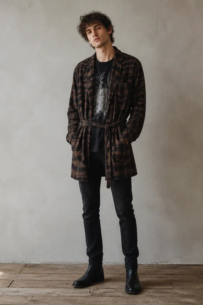 A full-body shot: a black graphic tee is worn under a plaid robe-style shirt that hangs open. The jeans are black denim and the shoes are black boots. The robe shirt belt is loosely tied at the waist.