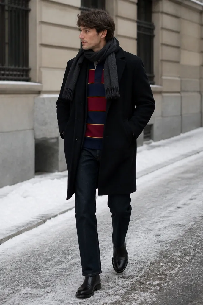 A winter street photo: a striped rugby shirt peeks out under a black overcoat. The jeans are dark and straight, and the shoes are black leather boots. A scarf in charcoal wool covers the neck.