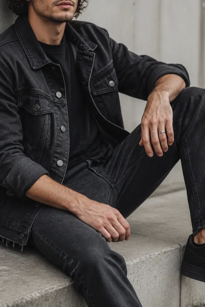 A close-up outfit image: a black tee is layered under a jacket with a slightly shredded hem at the bottom edge. The pants are washed black denim and the shoes are black sneakers. The jacket sleeves are slightly rolled.